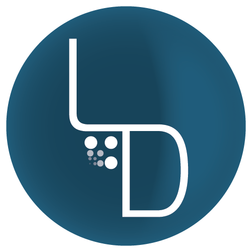 L and D letters connected inside a circle with multiple little circles